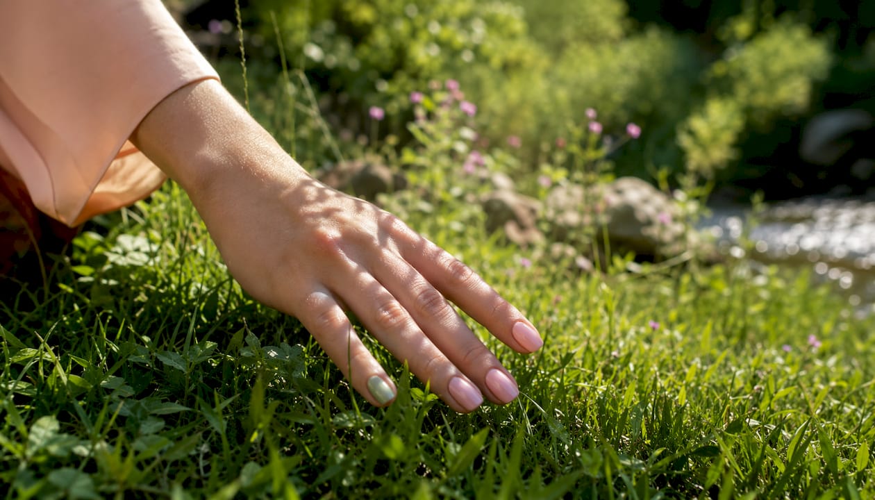 Een hand met glanzende jelly-gloss nagels op het strand, helemaal zomerproof.