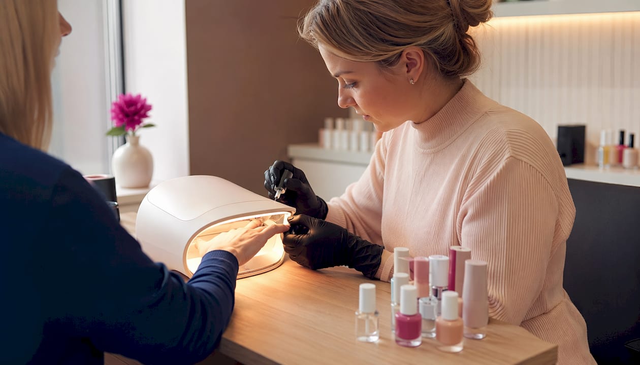 Handen worden uitgehard onder een LED-lamp met gellak