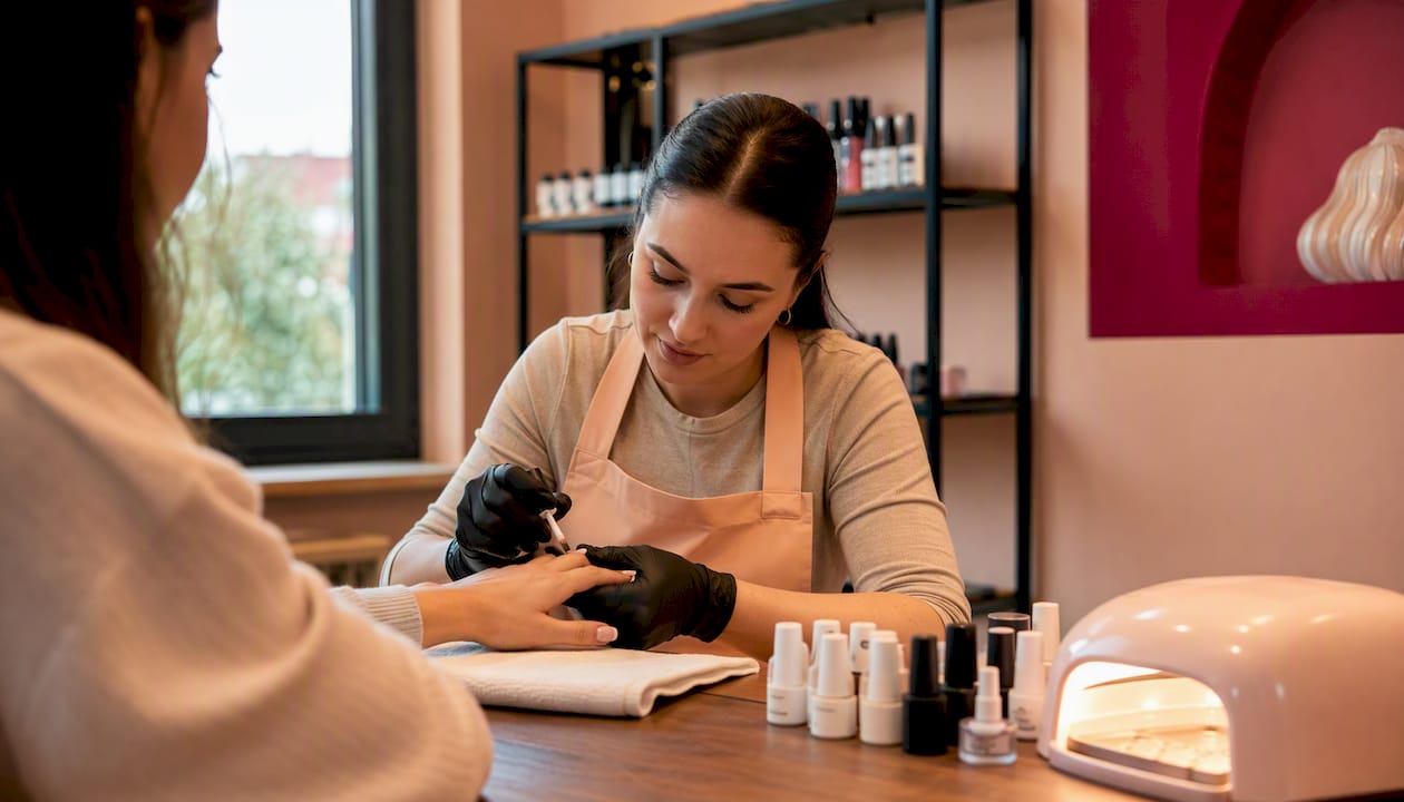 Een nagelstyliste brengt jelly gel nagellak aan.