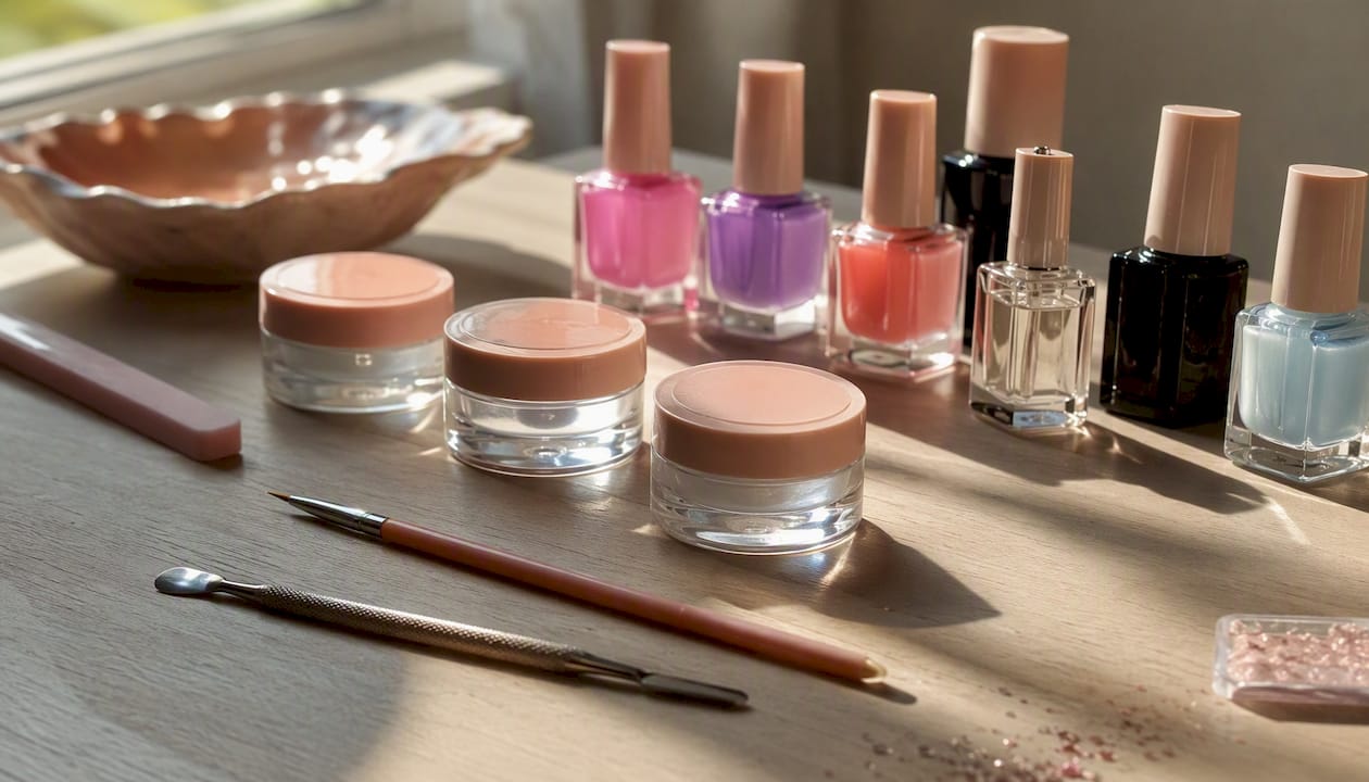 Overzichtelijke flatlay van jelly nagelproducten en bijbehorende tools