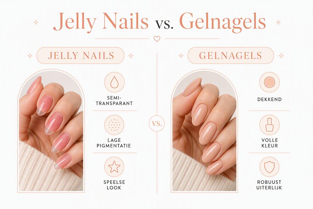 Overzichtelijke infographic: de verschillen en overeenkomsten tussen jelly nails en gelnagels op een rijtje