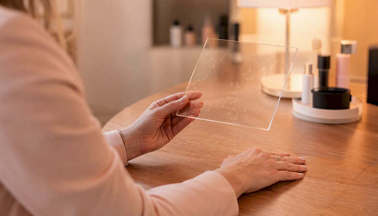 Detailfoto van handen met verzorgde nagels en een acrylplaat op de achtergrond.