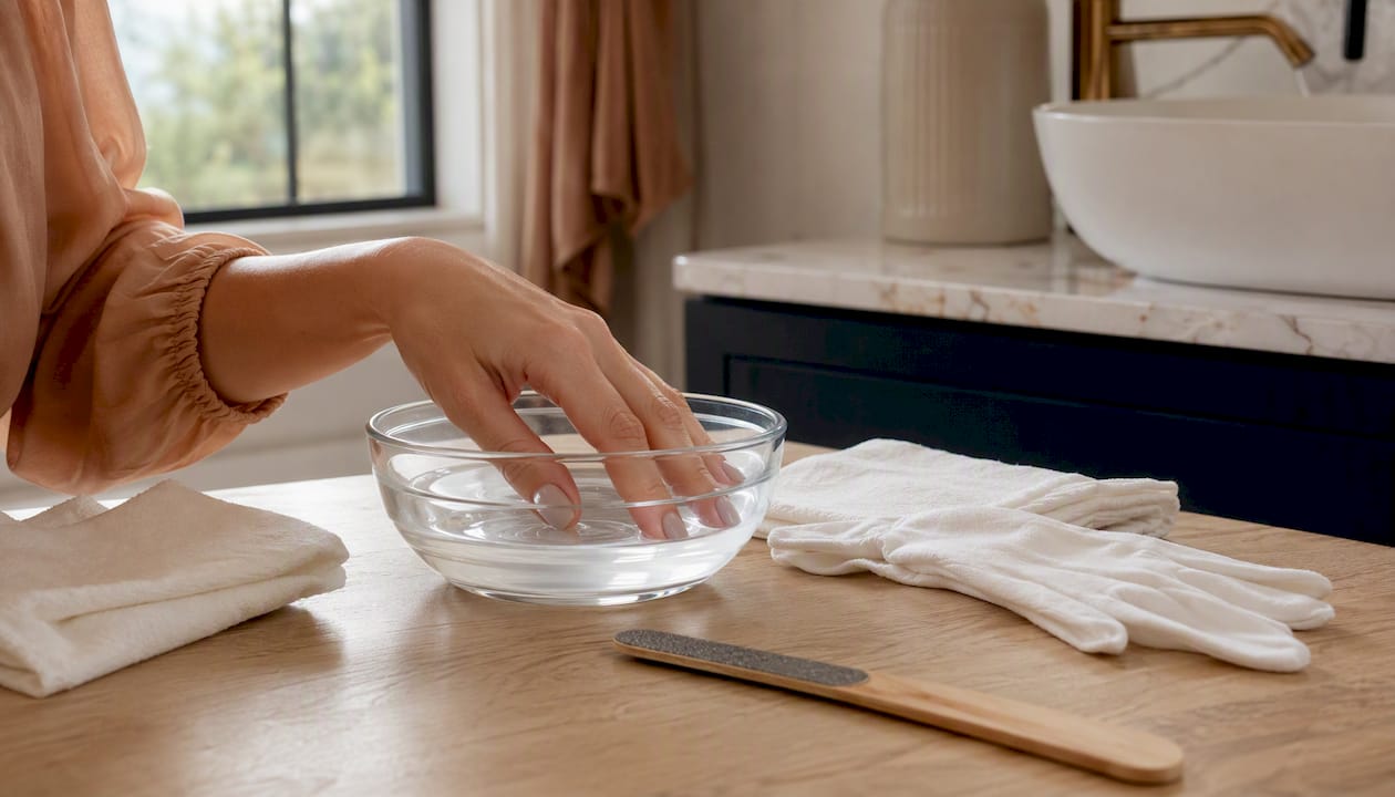 Je hand laten weken in een acetonbad om gelnagellak te verwijderen.