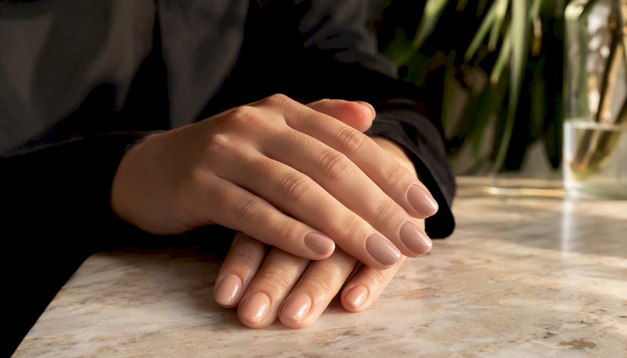 Ronde acrylnagels met een subtiele nude glanslak