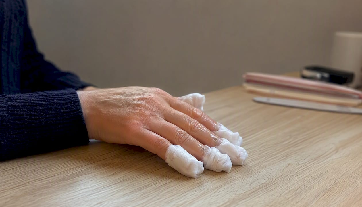 Een hand met wattenschijfjes gedrenkt in aceton en verzorgende nagelriemolie.