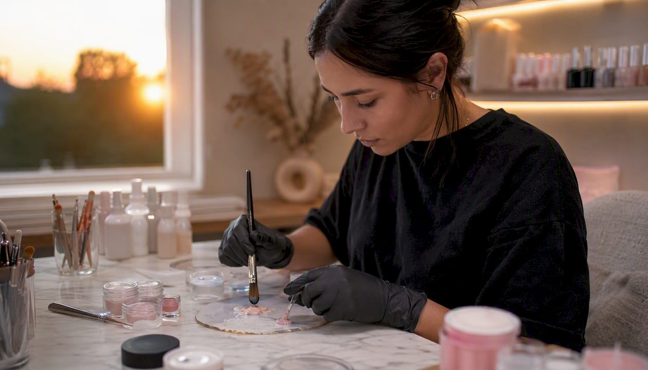 Het mengen van acrylvloeistof en poeder voor nagelstyling