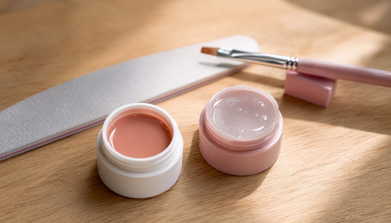 Op tafel staan potjes builder gel in nude- en transparante tinten.