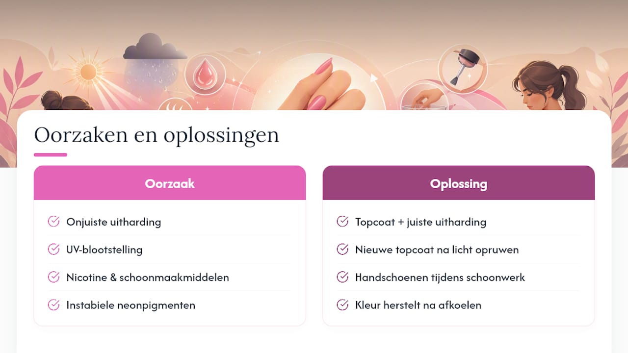 Diagram dat de oorzaken van verkleuring van gellak en oplossingen uitlegt