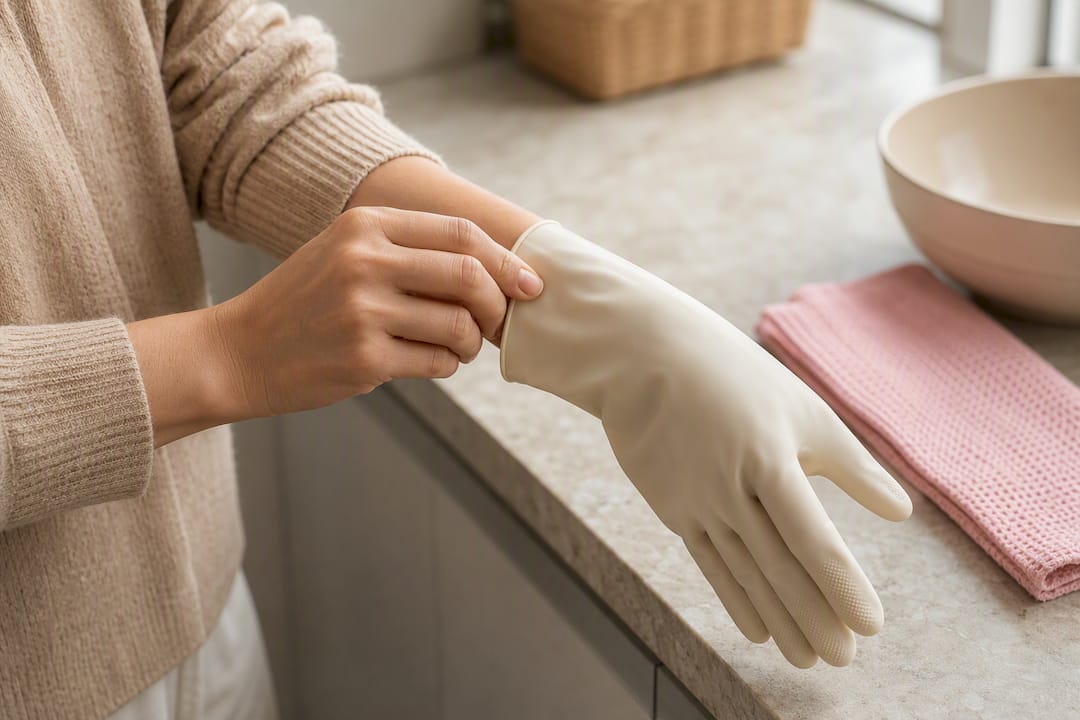 Korte nagels beschermd door een huishoudhandschoen
