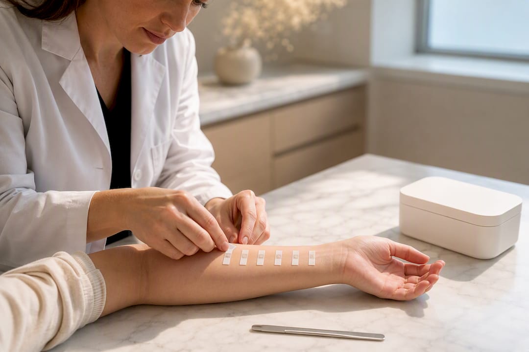 Dermatoloog plakt patch-teststrips op