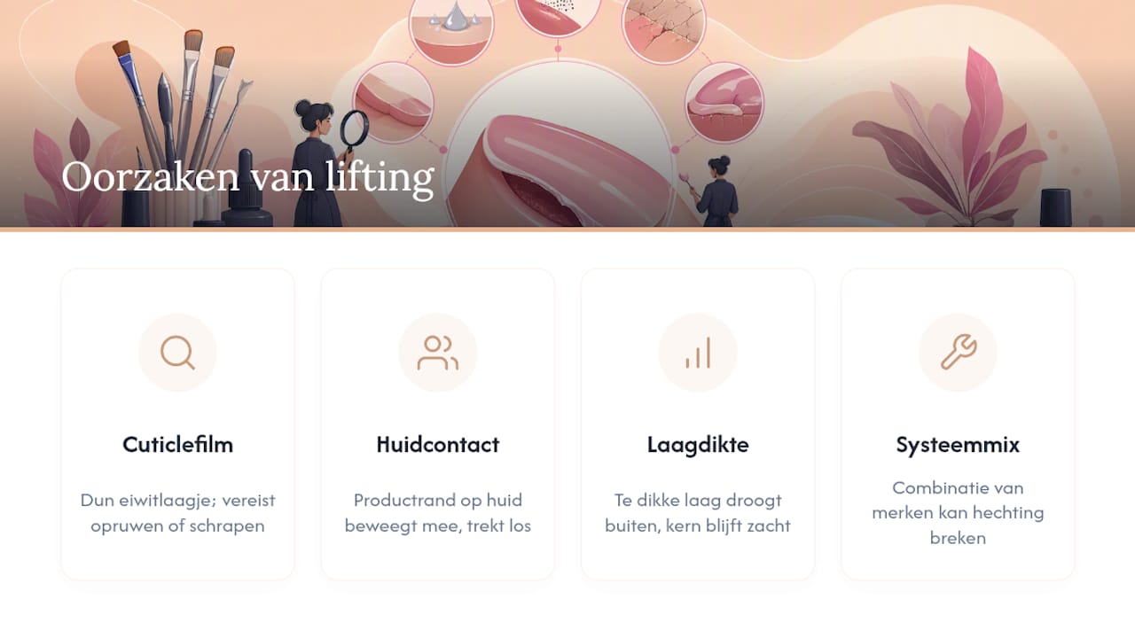 Waarom lifting ontstaat: voorbereiding, huidcontact en uitharden — overview diagram