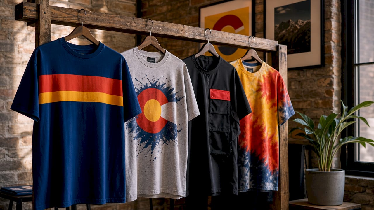 Overhead flat lay of streetwear graphic t-shirts and design tools