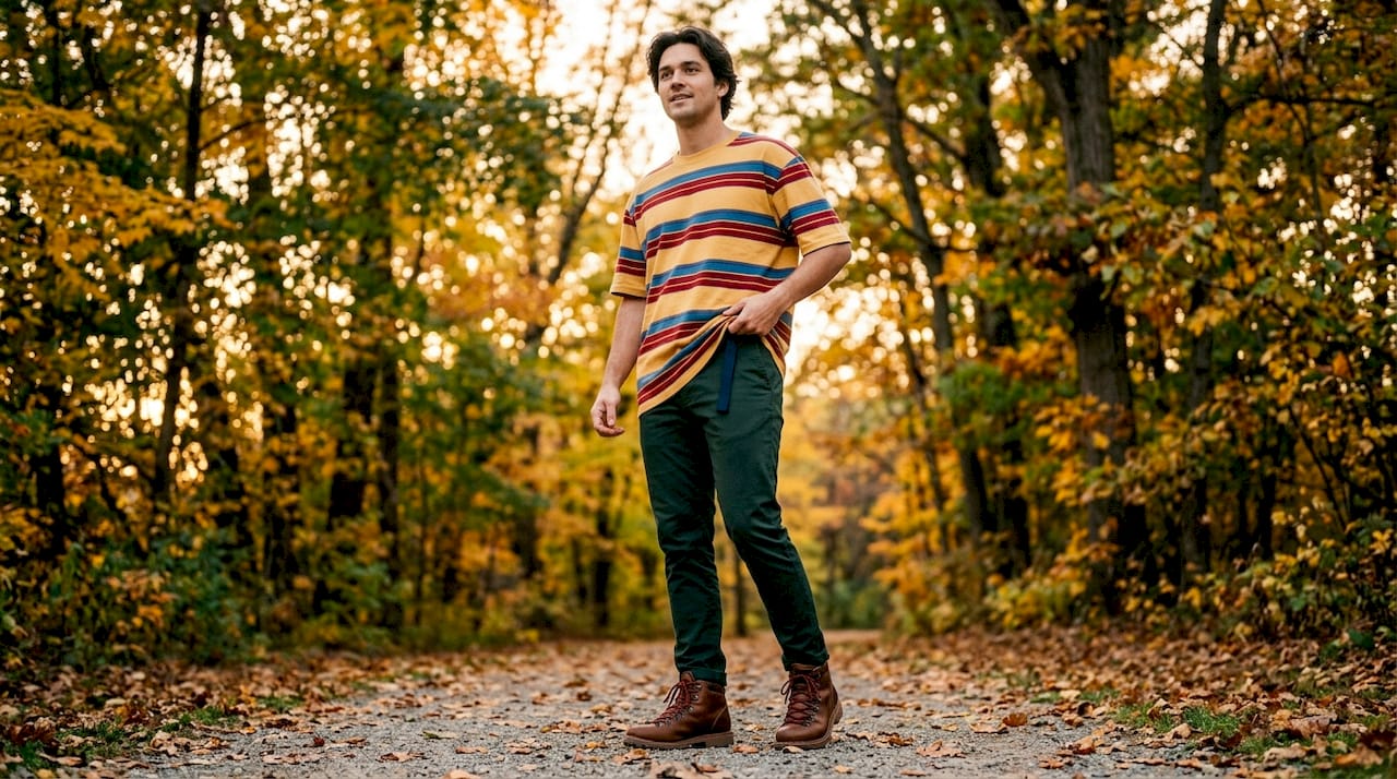 Man pairing vintage tee and slim jeans street style