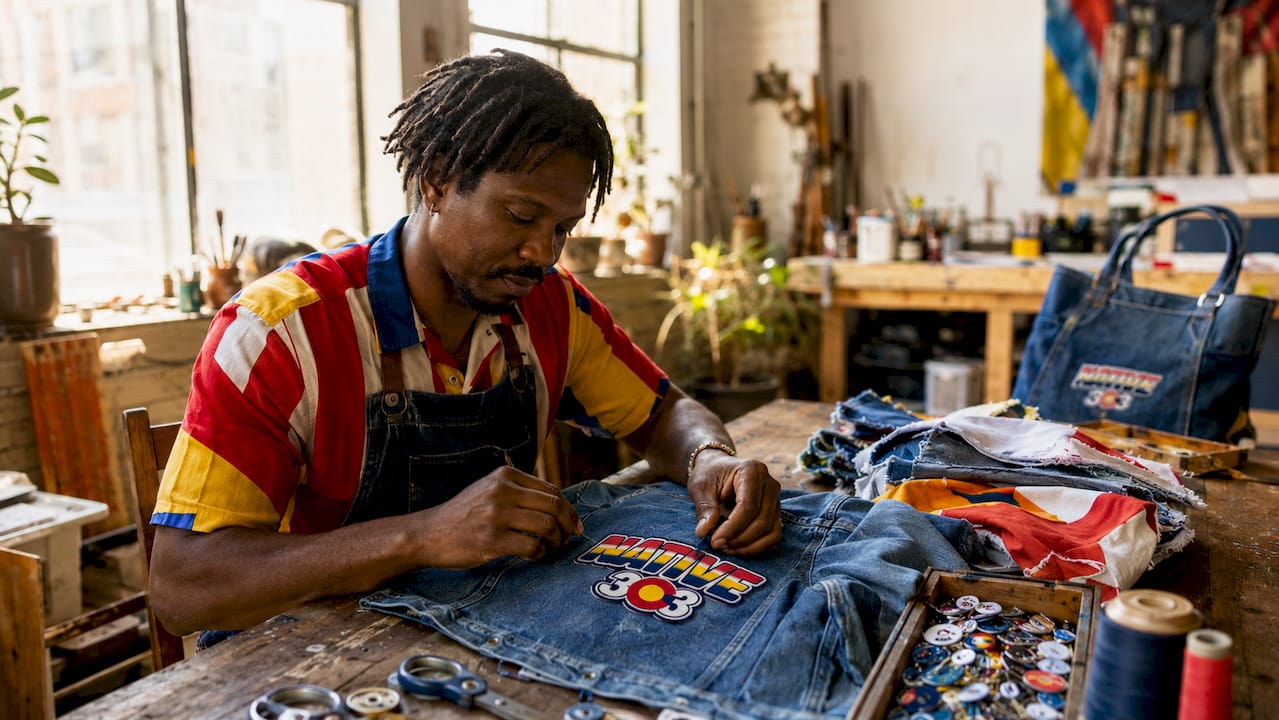 Hands sewing recycled denim patch on jacket