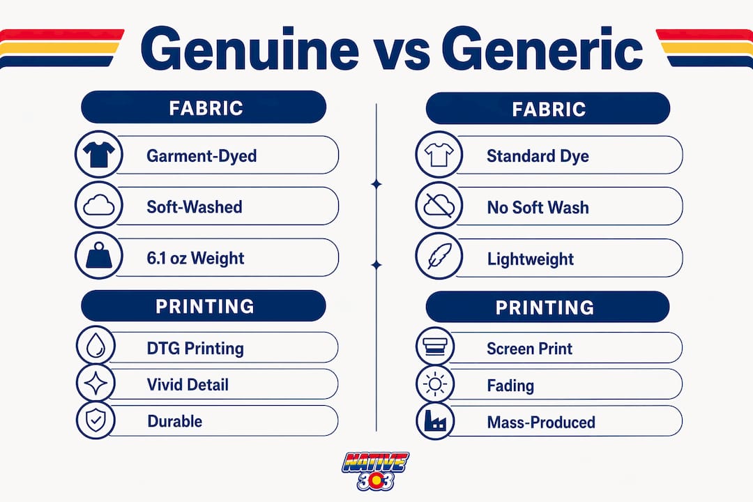 Infographic comparing authentic and generic Denver apparel features