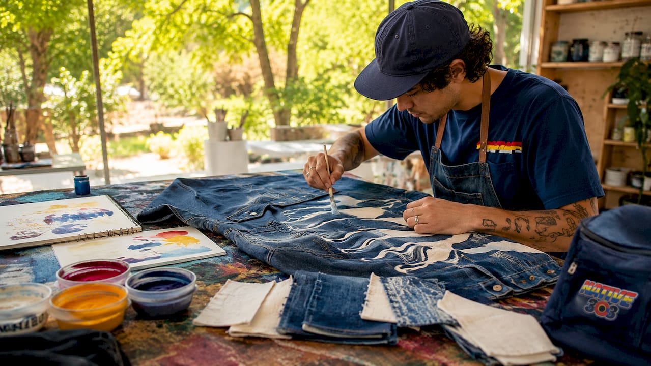 Hands painting unique pattern on denim jacket