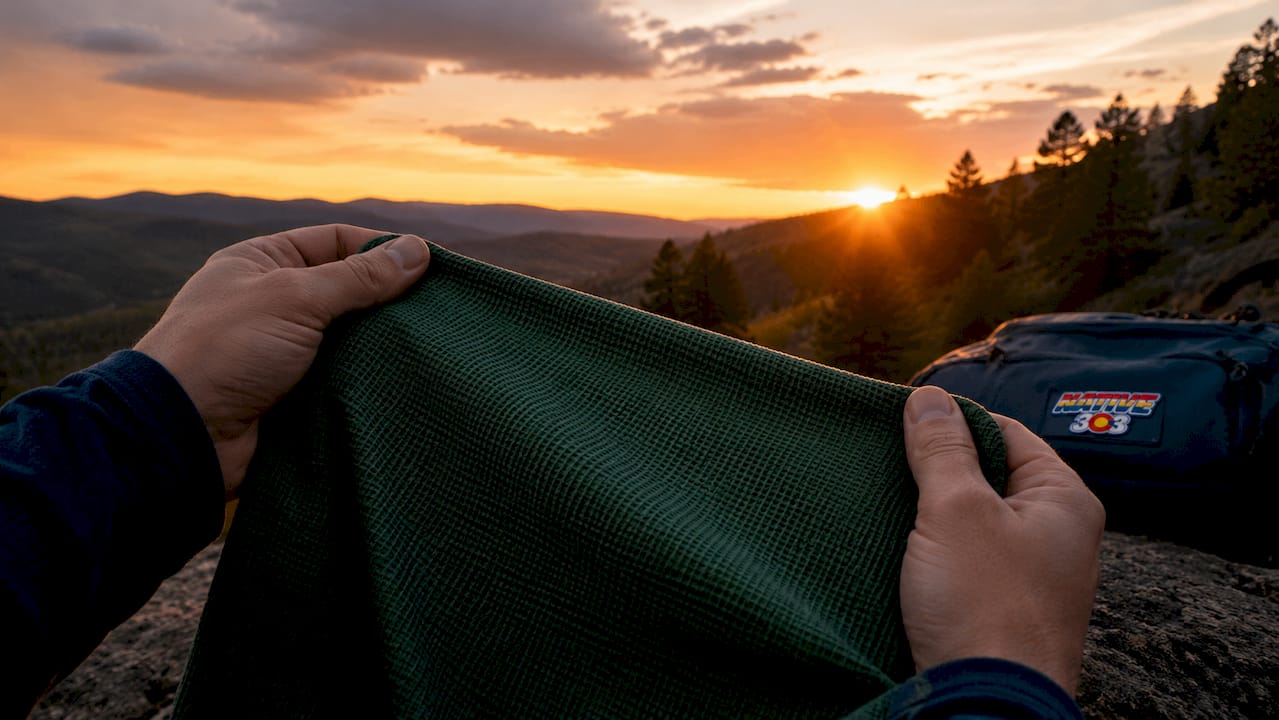 Close-up of technical outdoor apparel fabric in hand