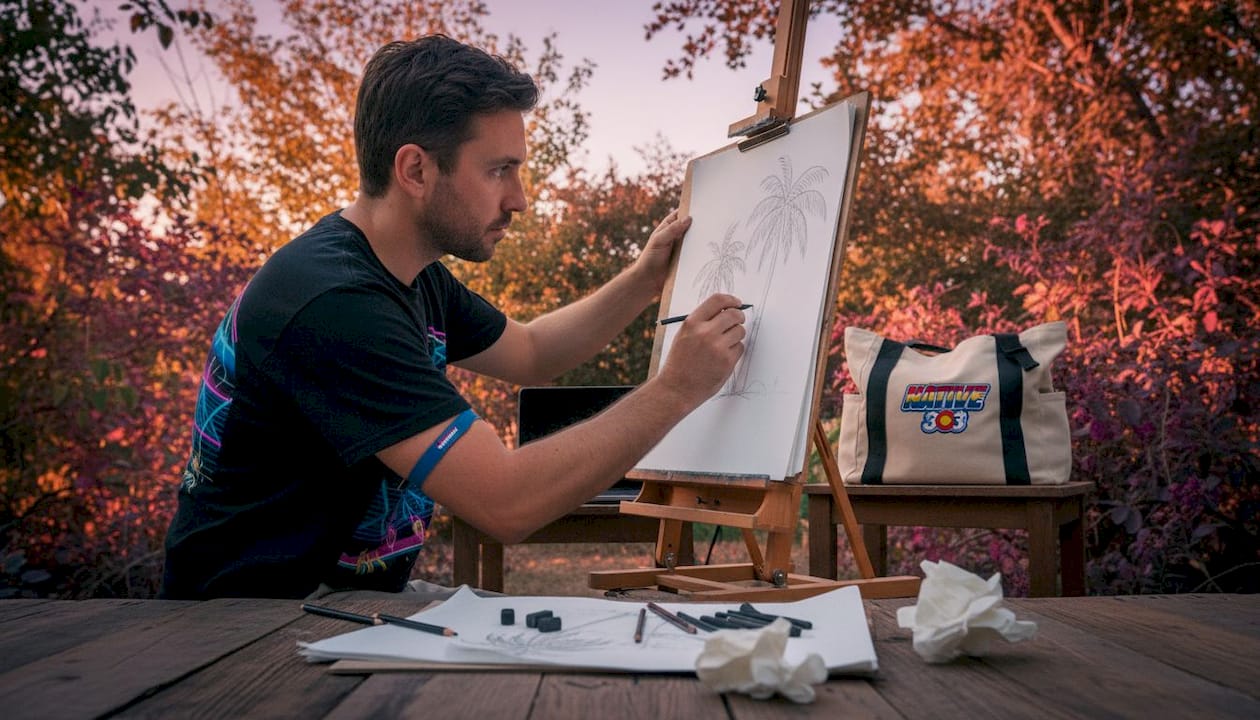 Artist sketching synthwave tee design in studio