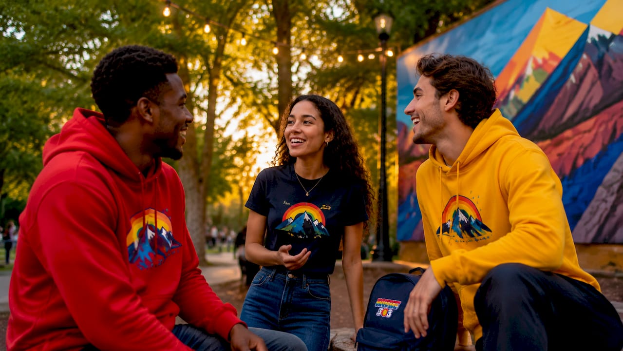 Group discussing independent streetwear outdoors