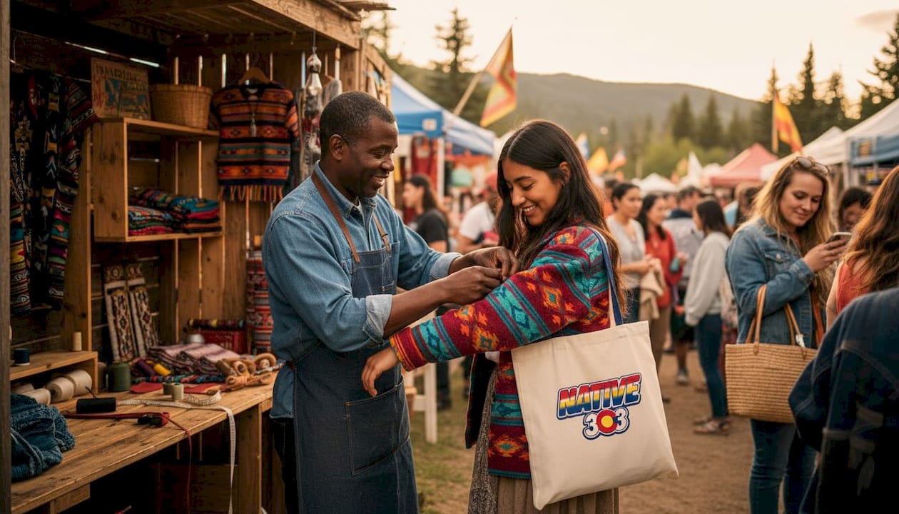 Tailor fitting jacket on customer at outdoor market