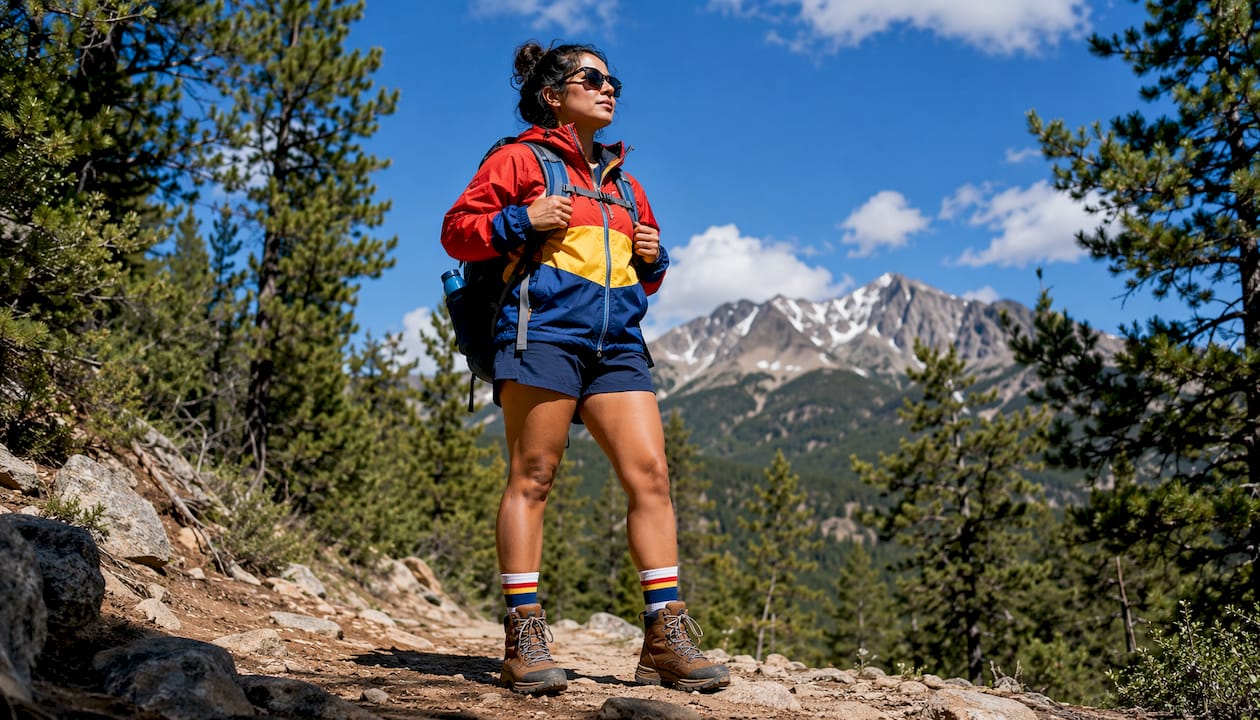 Woman in practical outdoor streetwear on trail