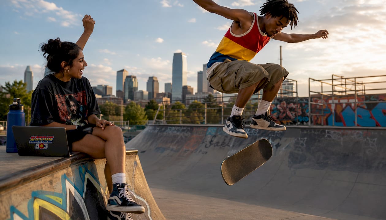 Skateboarder and friends at Denver skate park