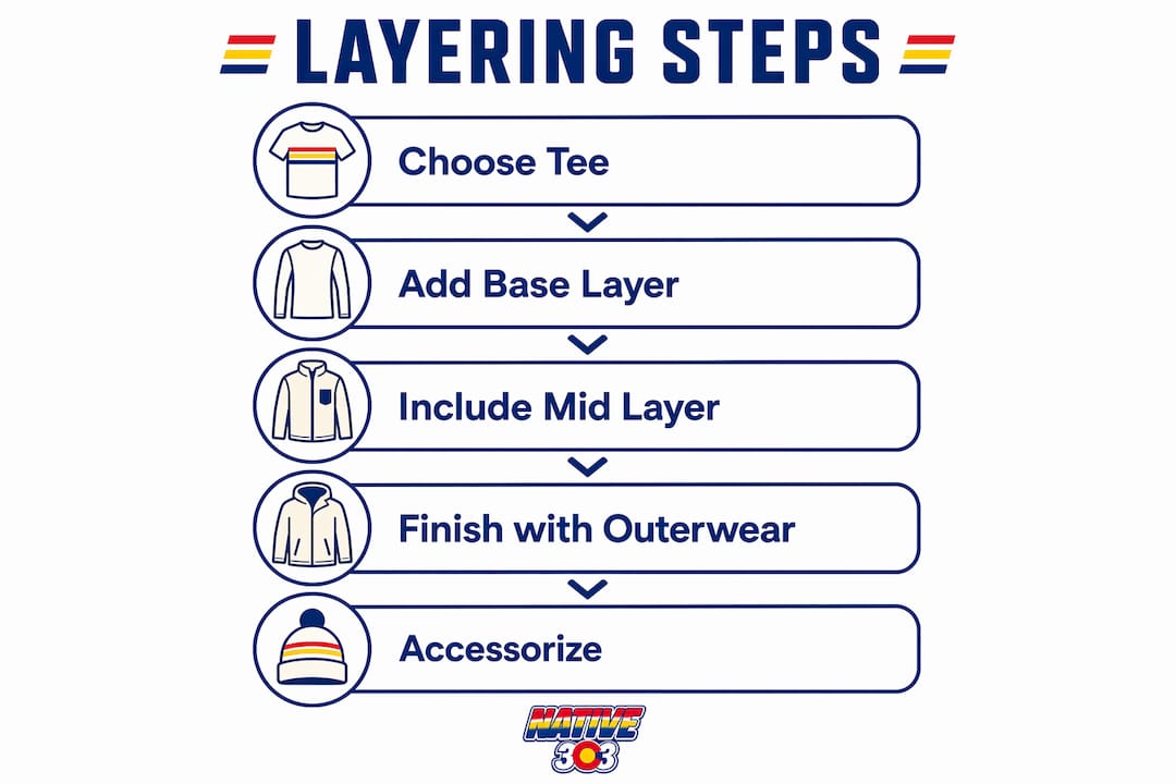 Infographic showing layering steps for Denver tees