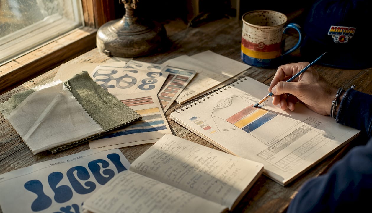 Flat lay of vintage tee style guide materials