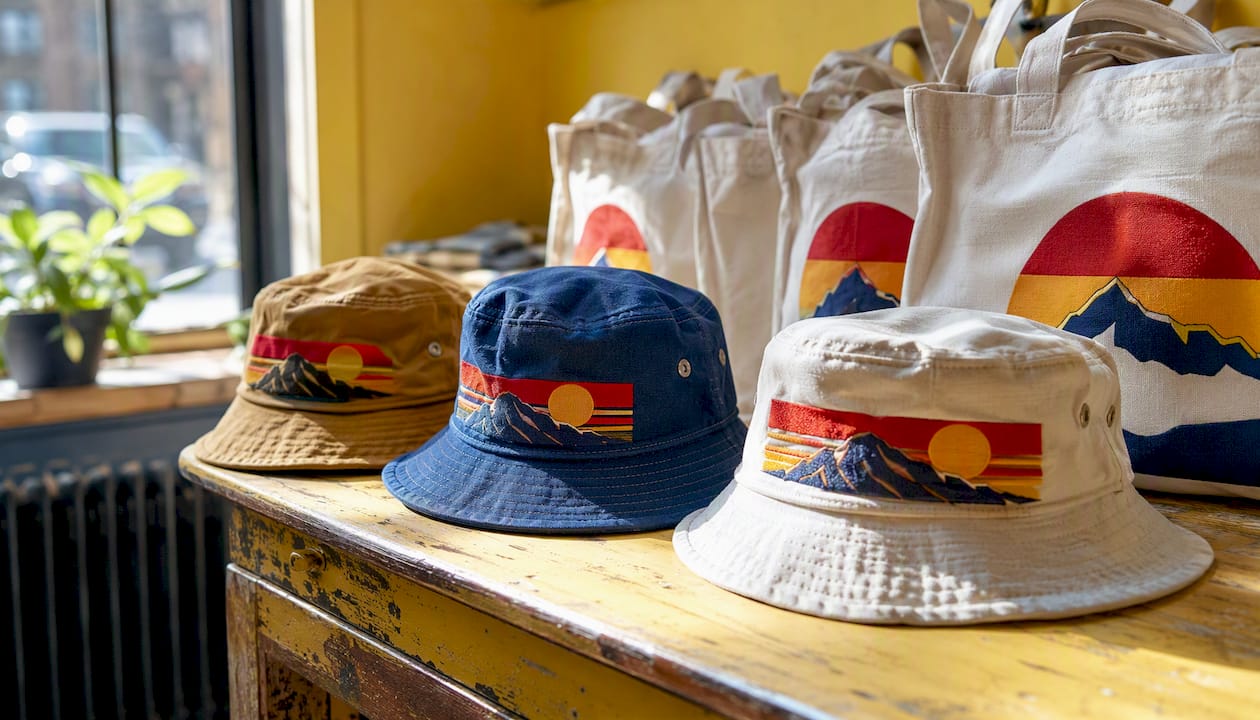 Vintage style bucket hats and canvas tote bags
