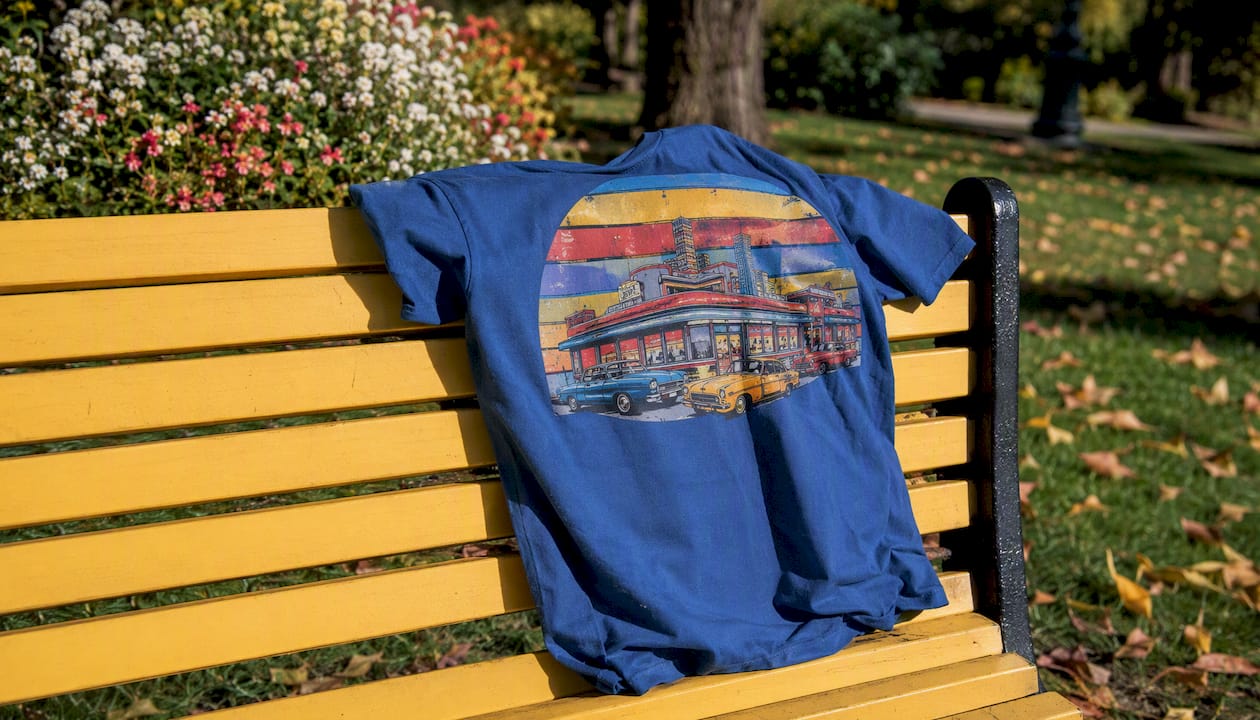 Close-up of retro Denver diner graphic on shirt