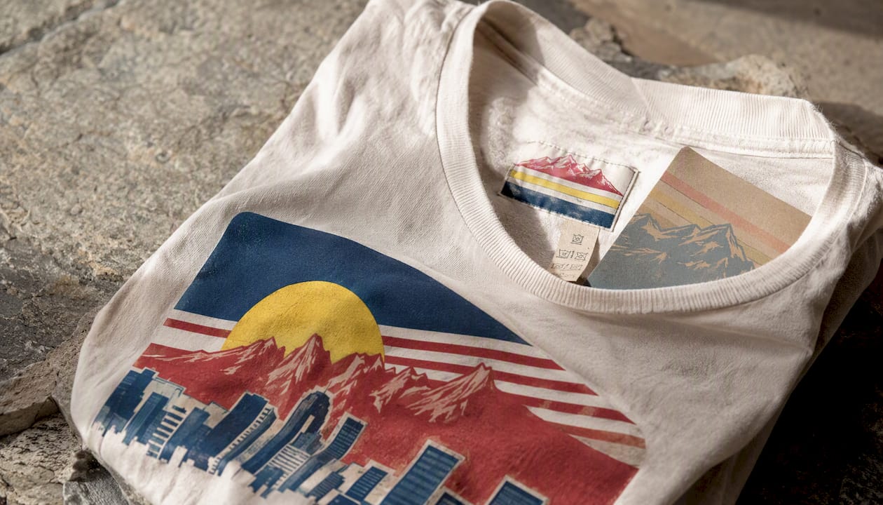 Close-up of tee fabric and label tags