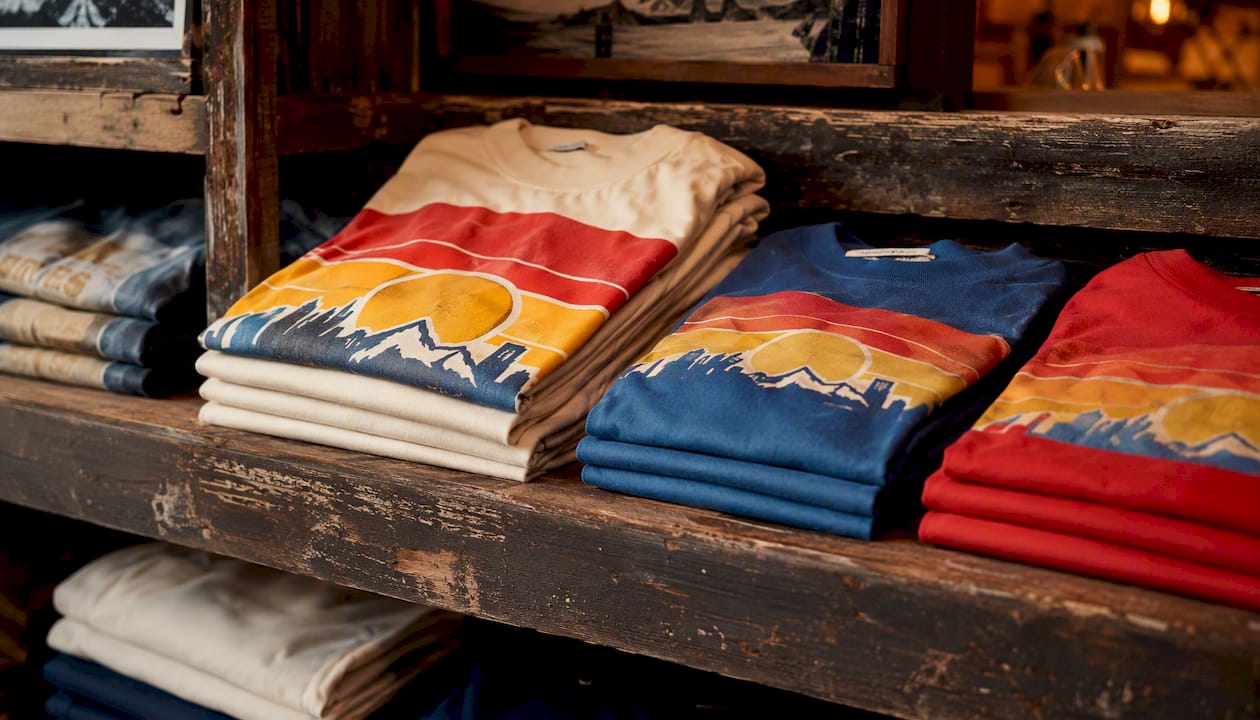 Stack of vintage style indie t-shirts on wood shelf
