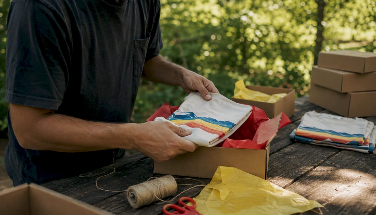 Hands packing t-shirts in boxes in small studio