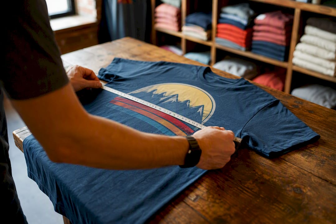 Hands measuring vintage style t-shirt size