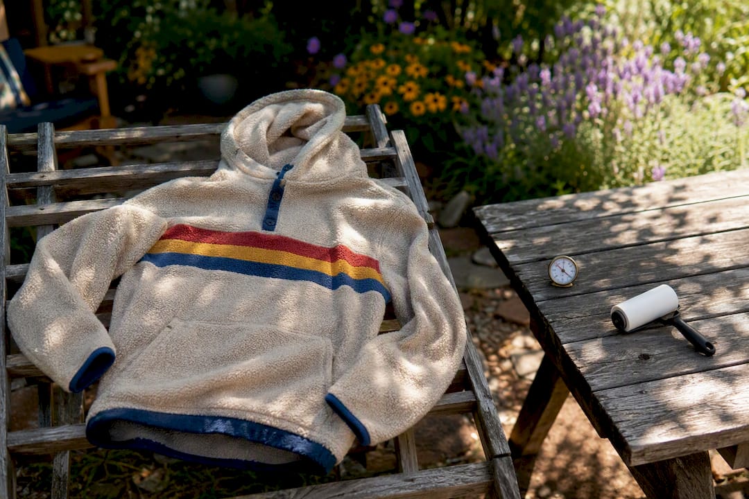 Vintage hoodie drying flat near window