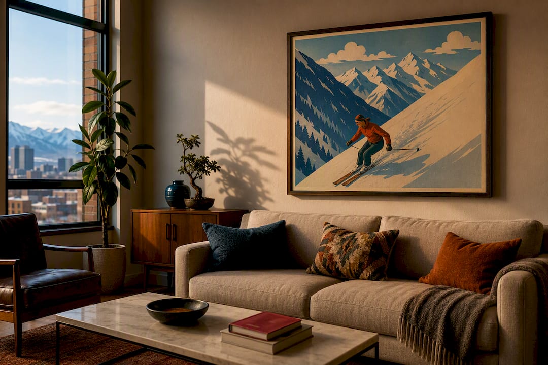 Framed Colorado ski poster above sofa