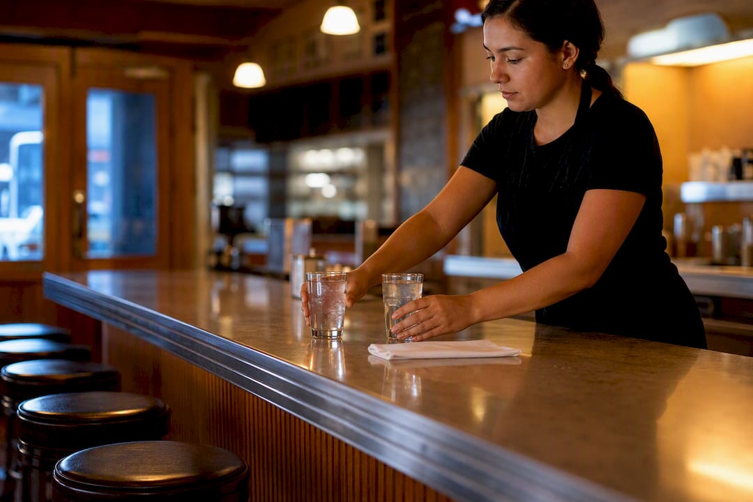 Server placing glasses at vintage diner counter