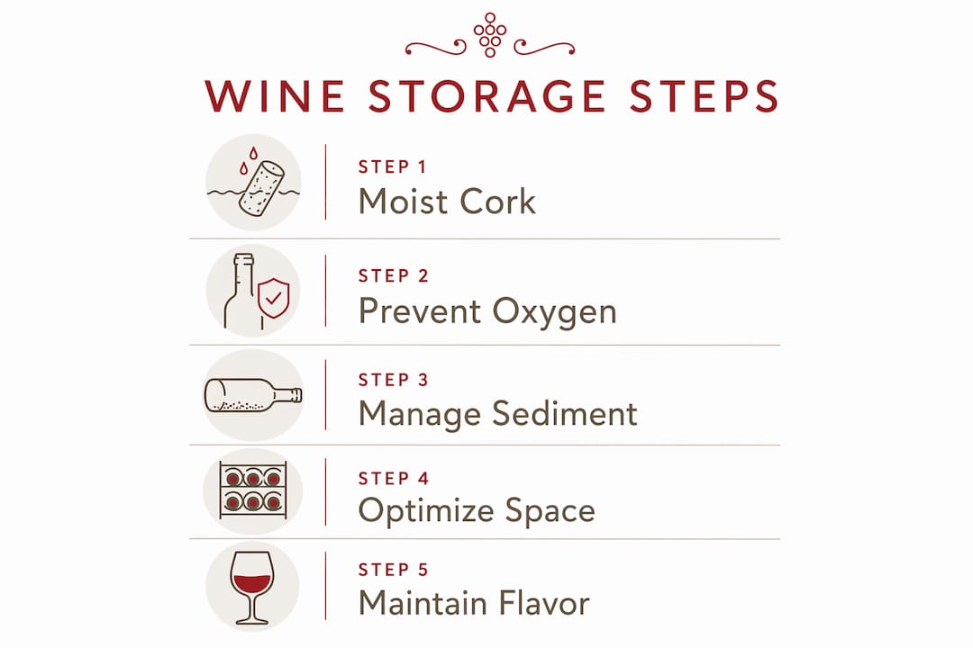 Why Wine Is Stored Sideways: The Real Reason Infographic illustrating key steps for proper wine storage