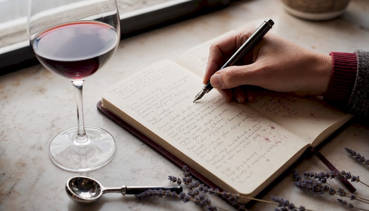 Close-up of wine tasting notes in journal