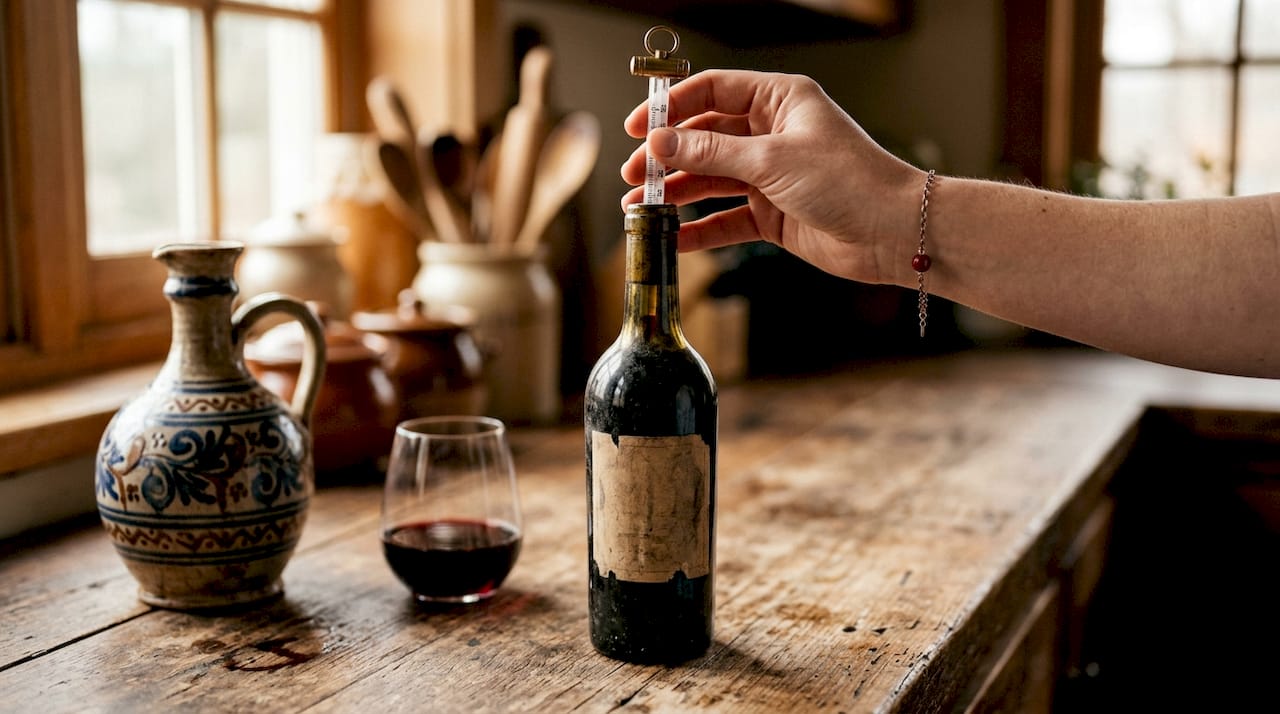 Hands checking wine temperature with thermometer