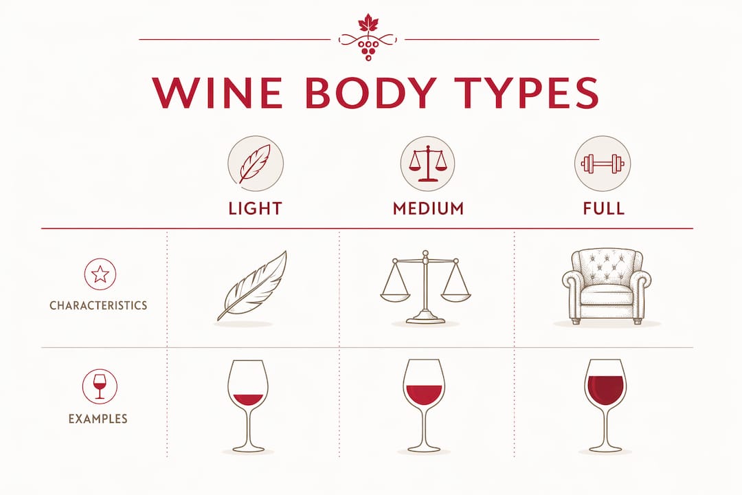 Infographic comparing light, medium, and full-bodied wines