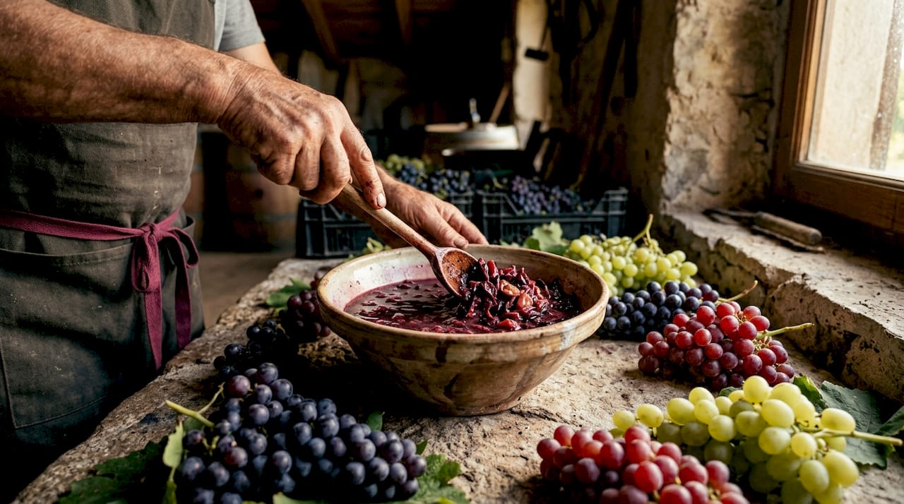 Hands stirring grape skins in bowl