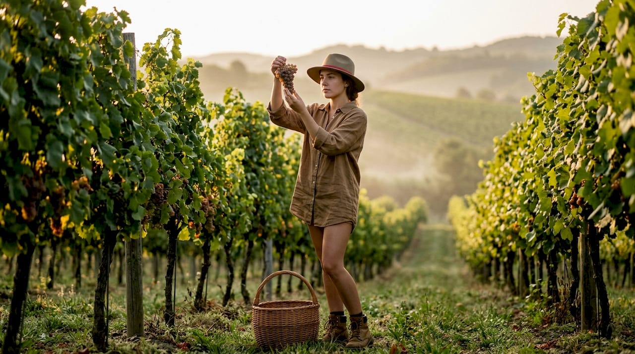 Grower tasting grapes in vineyard