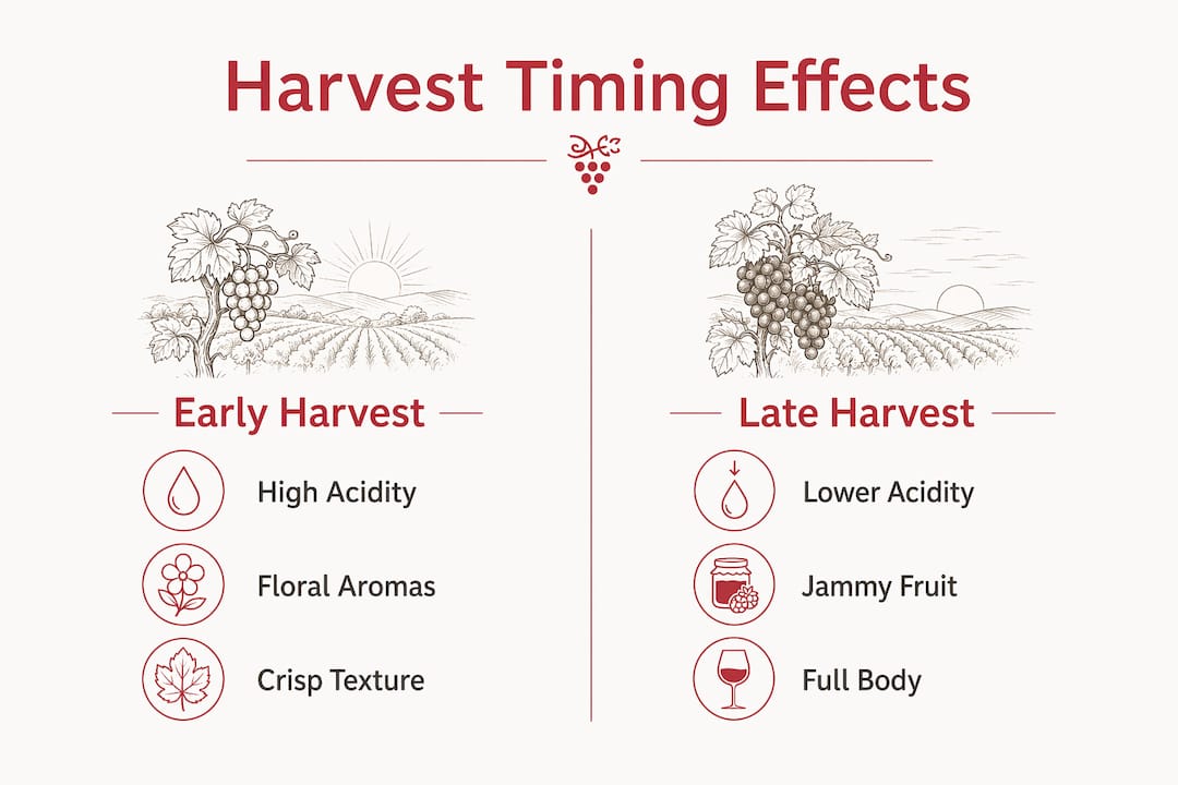 Infographic comparing early vs late harvest wine characteristics