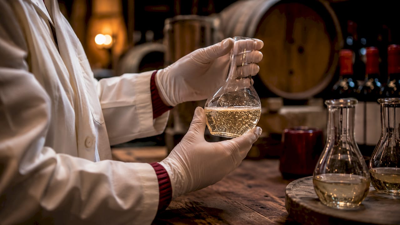 Hands holding bubbling wine reaction in lab