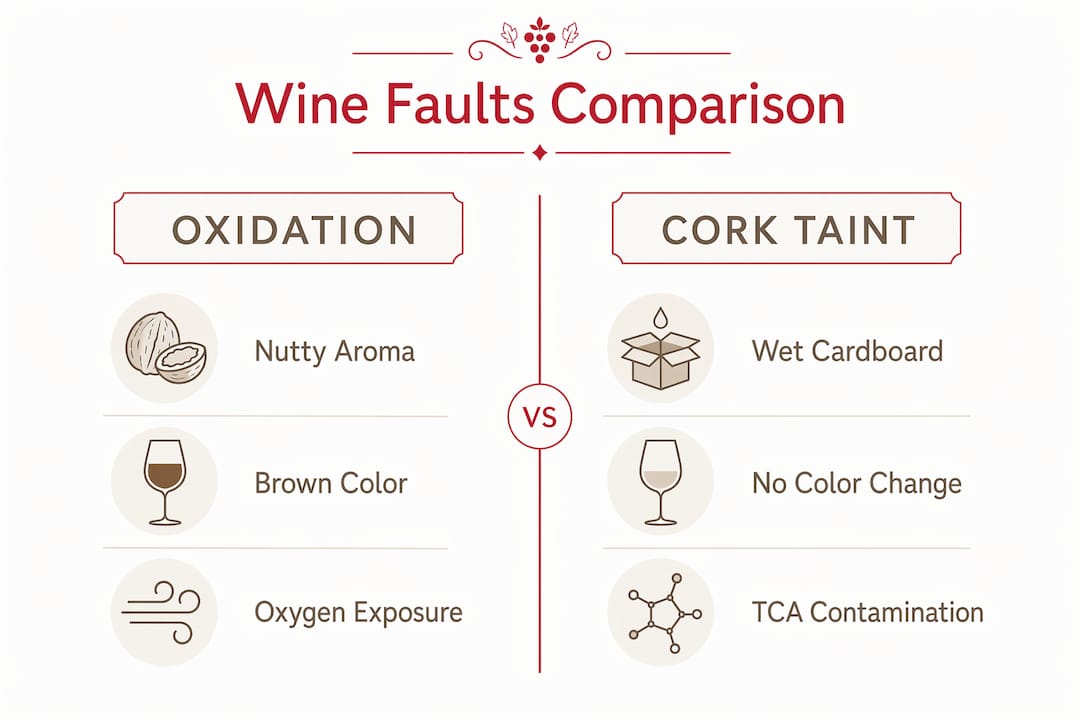Infographic comparing oxidation and cork taint faults in wine