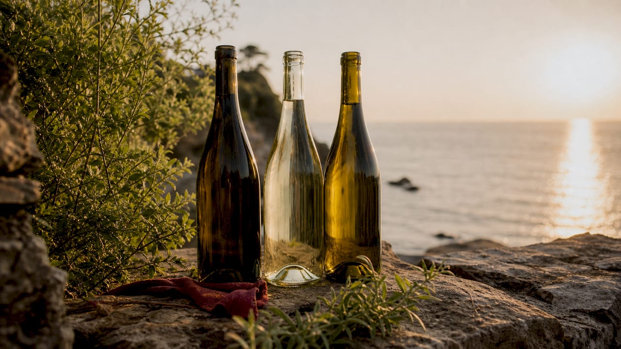 Wine bottles of Mediterranean white varieties outdoors