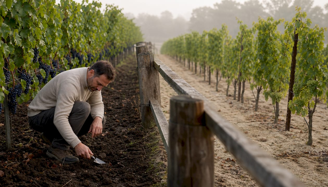 Farmer comparing grapes between warm and cool climate vineyards