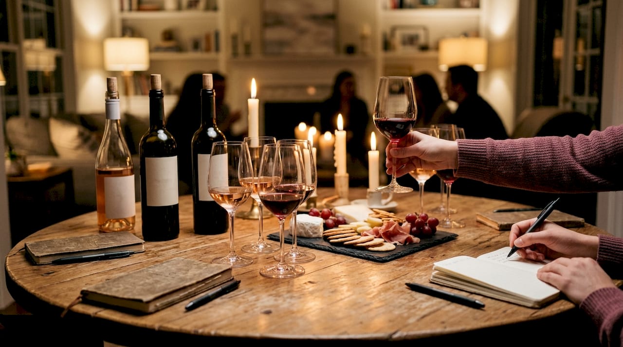 Overhead view of wine tasting setup with glasses and notes