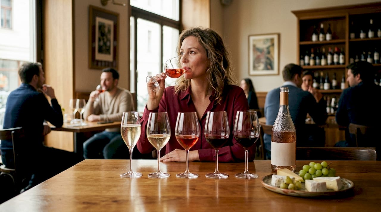 Overhead view of hand tasting ordered wine flight glasses